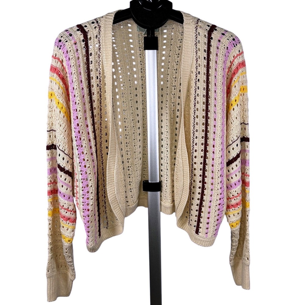 Ryegrass Womens XL Striped Pointelle Knit Open Front‎ Cropped Cardigan Sweater